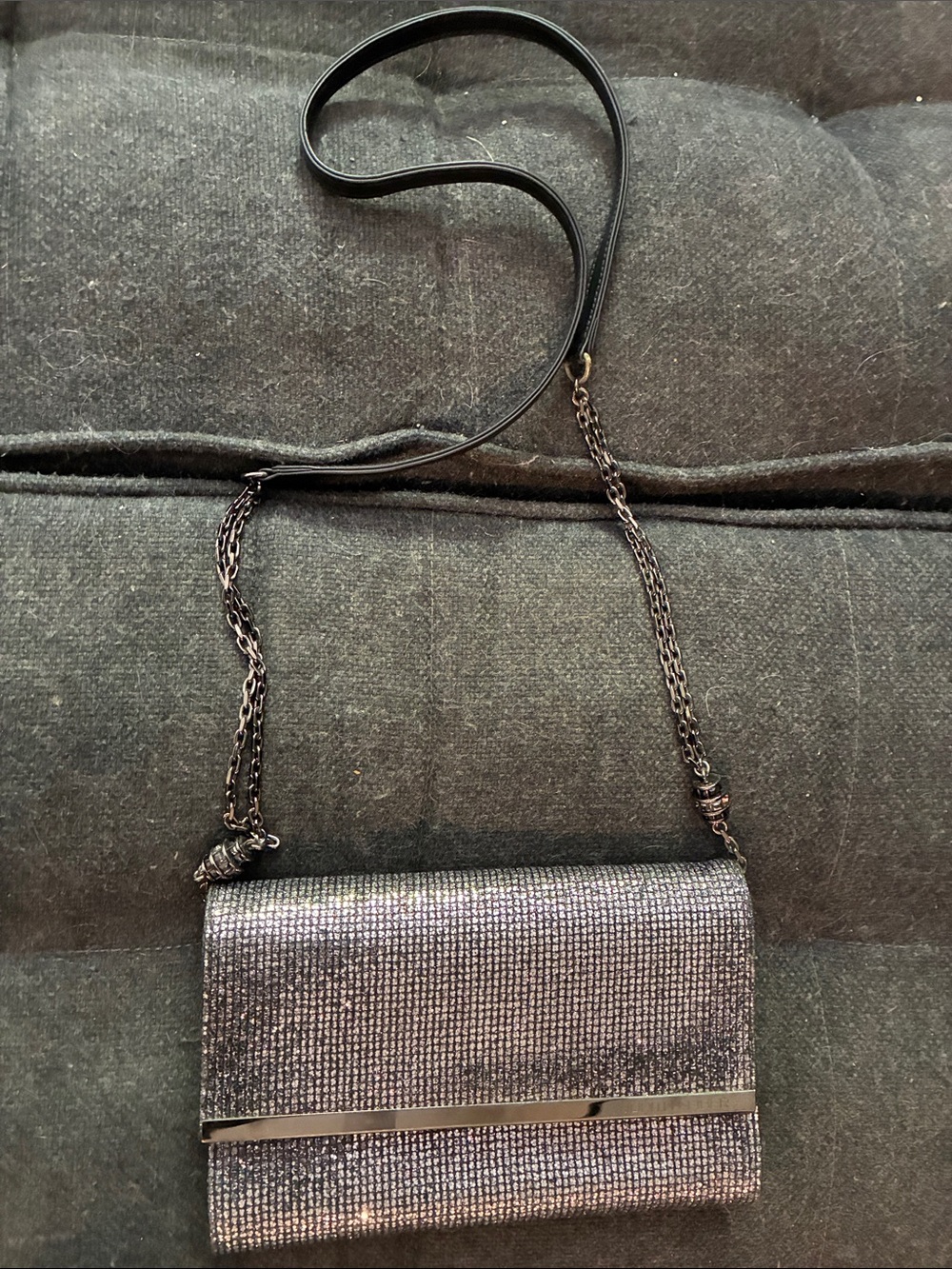 Metallic Black Crossbody Evening Bag, Judith Lieber, elegant chain. Drop is 23”